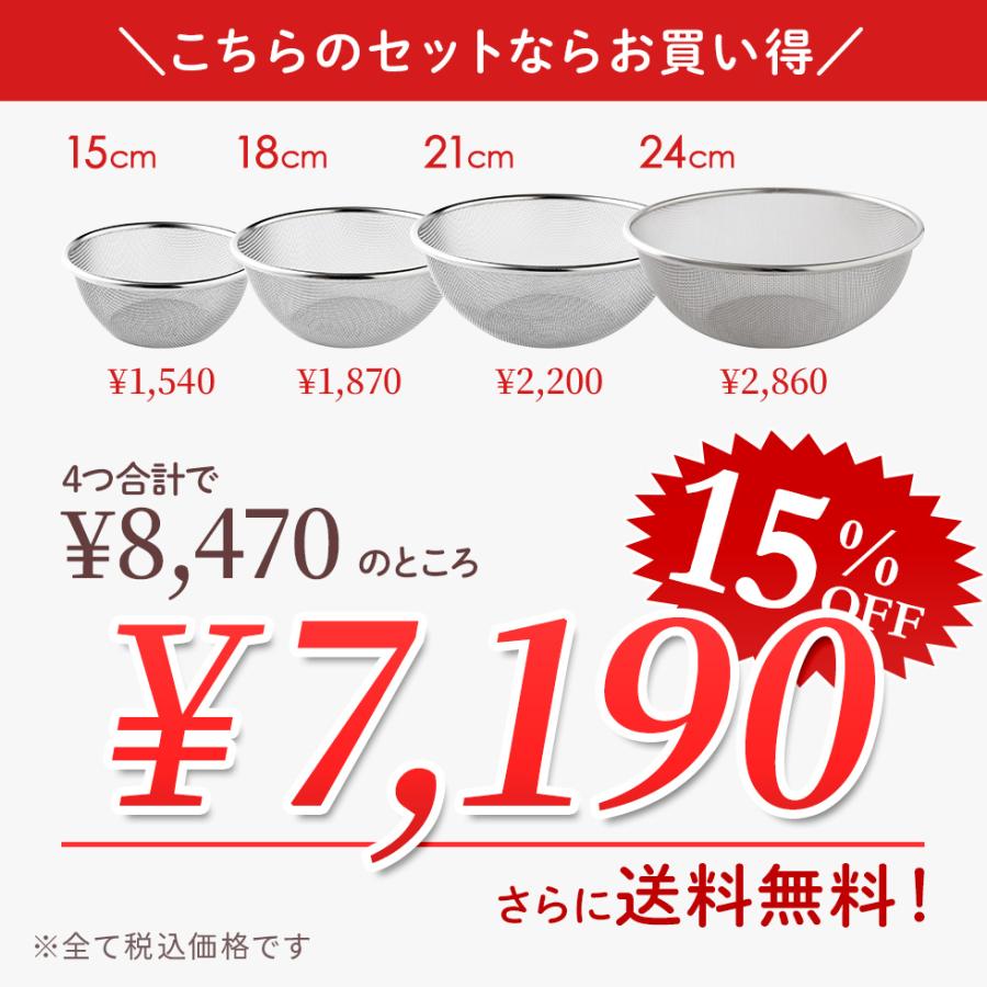 アーネスト（Arnest） ステンレスザル 15cm,18cm,21cm,24cm 4点セット