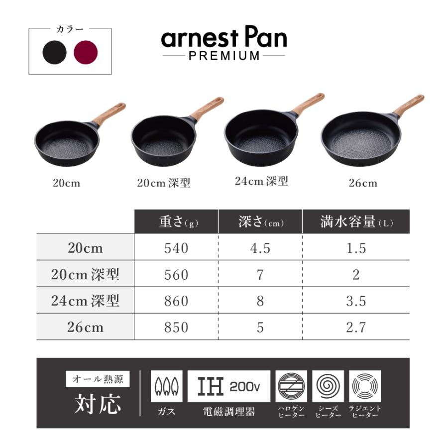 3/19発売新商品 アーネストパンプレミアム フライパン IH対応 20cm 20cm深型 24cm深型 26cm ブラック ワインレッド IH 深型 PFOSフリー PFOAフリー 母の日 爆買の画像