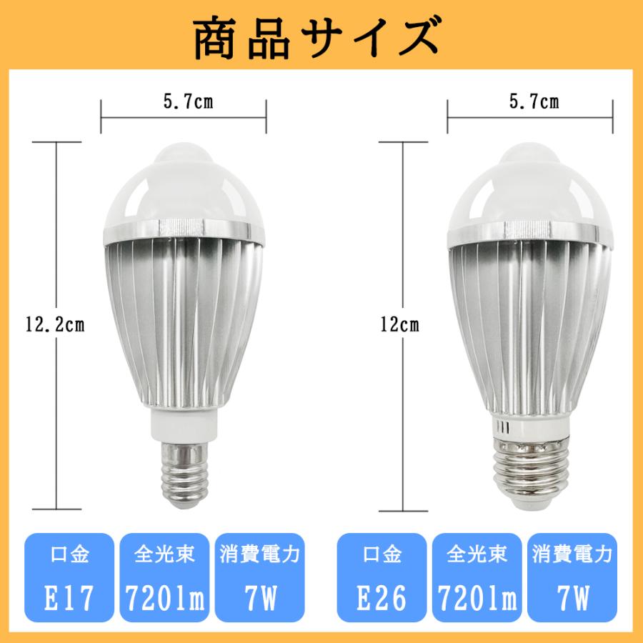 LED人感センサー電球 E17 E26 高輝度720lm 40W相当 明暗センサー付き