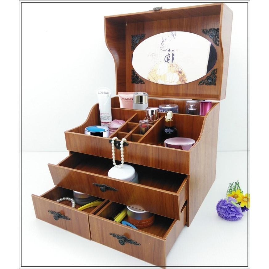 大容量な木製の化粧箱 ミラー付き 韓国風 化粧箱 木製 メイクボックス ミラー付き 大容量 韓国風