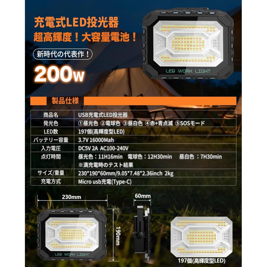 2026年進化モデル】投光器 充電式LED作業灯200W16000lm ワークライト