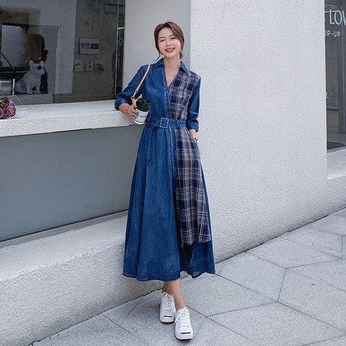 特別価格 夏服 春 カジュアル 女性 ファッション レディース ワンピース 50代 40代 30代 代 ドッキングワンピース 秋 アシンメトリー デニム切替 チェック柄 ワンピース サイズ Xl Panero Shop