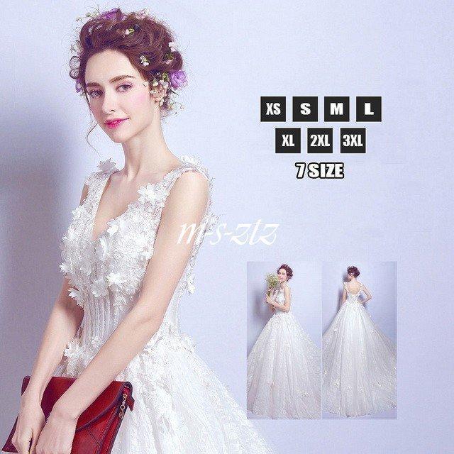 高価値セリー ノースリーブ トレーンドレス ウエディングドレス Vネック 新作 花嫁 結婚式 ロングドレス フラワーブラ Aライン 花飾り スレンダーライン サイズ L Viaanas Com