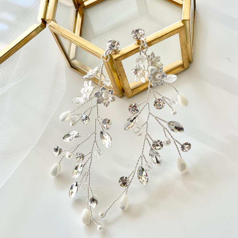 ウェディング アクセサリー【小枝 フラワー キラキラ イヤリング or ピアスより選択 シルバー】ブライダル 小物　小枝アクセサリー 結婚式 |  | 01