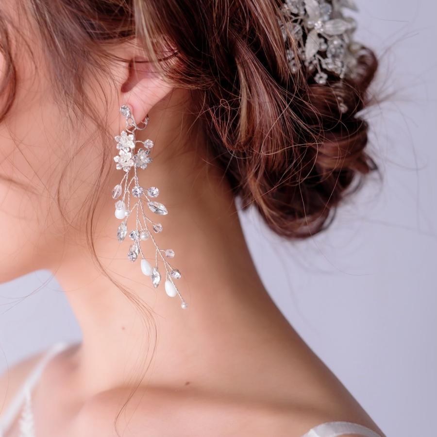 ウェディング アクセサリー【小枝 フラワー キラキラ イヤリング or ピアスより選択 シルバー】ブライダル 小物　小枝アクセサリー 結婚式 |  | 03