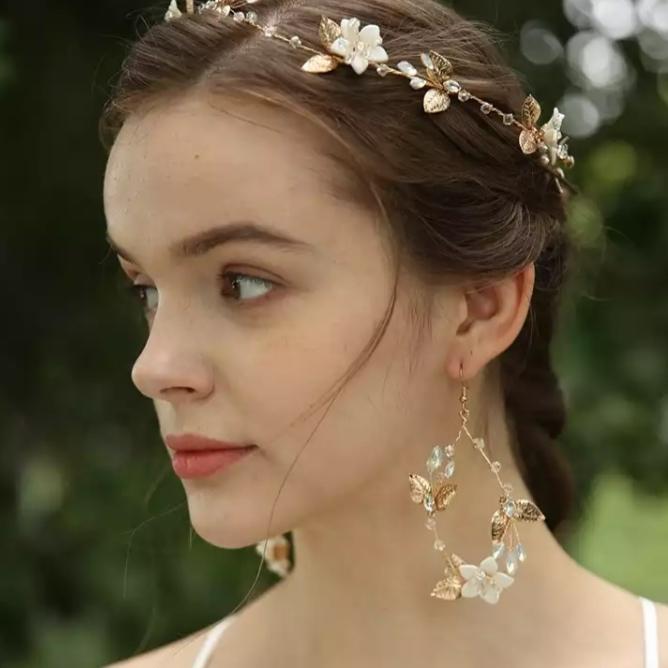 ウェディング アクセサリー【小枝 ゴールド フラワー リース イヤリング ゴールド（or ピアスより選択）】ブライダル |  | 01