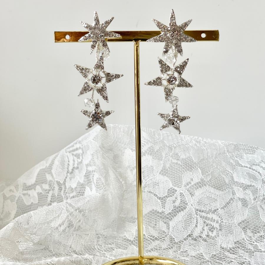 ウェディング アクセサリー【スターモチーフ 3連 イヤリング】ブライダル 結婚式 小物 |  | 01