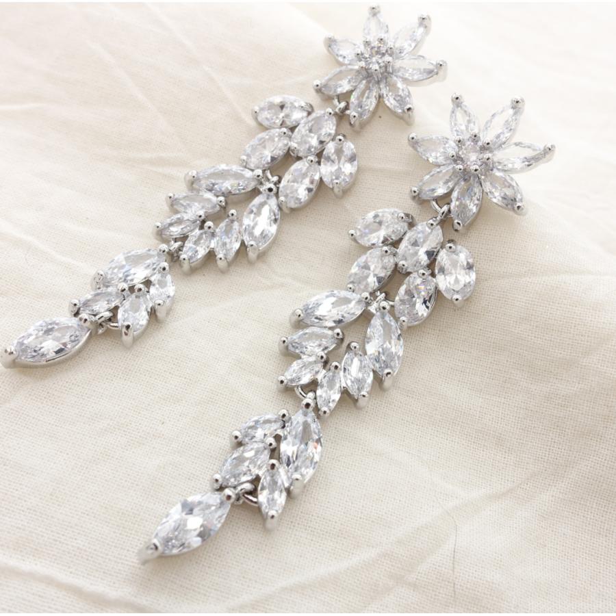 ウェディング アクセサリー【キュービック ジルコニア フラワーリーフ ロングピアス】ブライダル 結婚式 小物 |  | 03