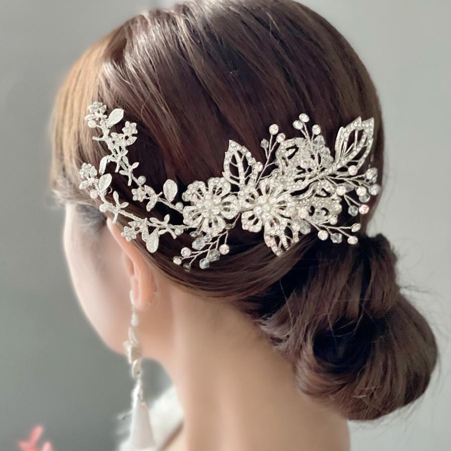 ウェディング アクセサリー【華やか シルバー リーフ ビジュー ボンネ】 |  | 01
