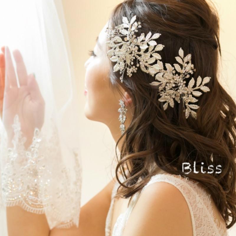 ウェディング アクセサリー【マット シルバー リーフ ヘッドドレス】ブライダル 小枝 髪飾り 結婚式 | 