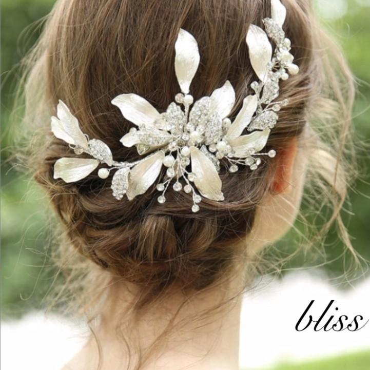 ウェディング アクセサリー【華やか マット＆ラインストーン リーフ ヘッドドレス】小枝 ブライダル 髪飾り 結婚式 |  | 06