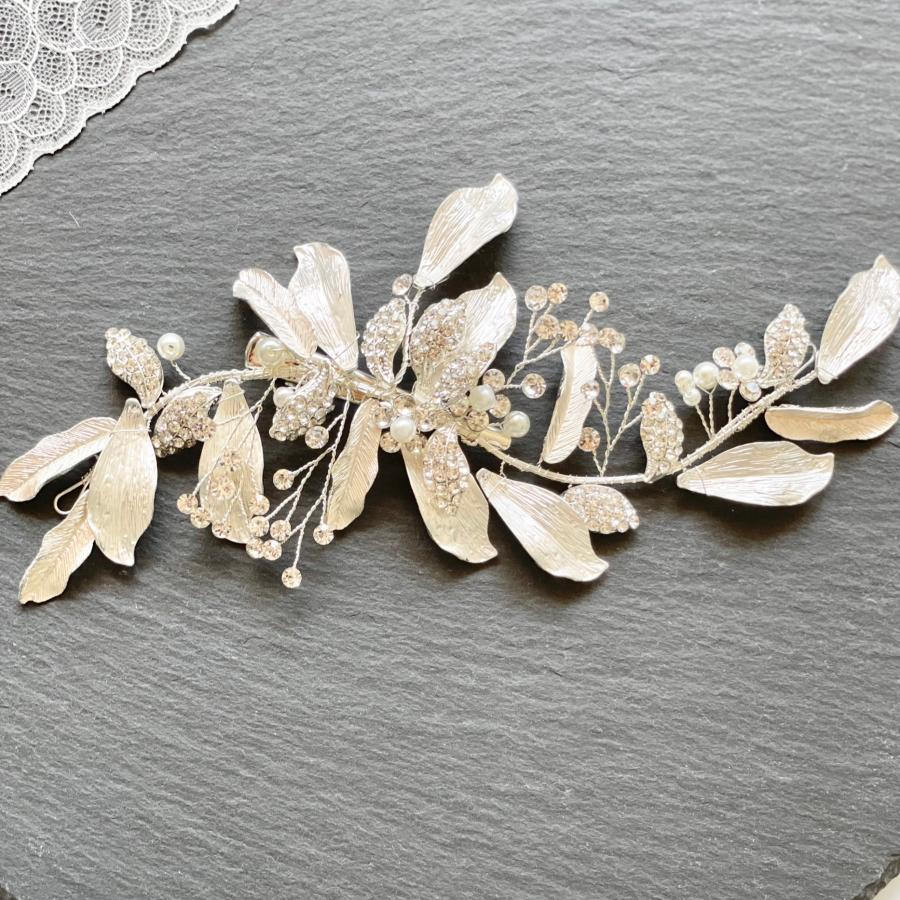 ウェディング アクセサリー【華やか マット＆ラインストーン リーフ ヘッドドレス】小枝 ブライダル 髪飾り 結婚式 |  | 01
