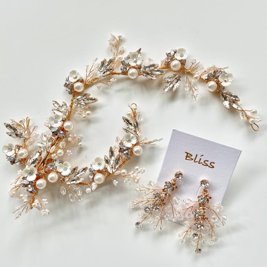 ウェディング アクセサリー【華やか 小枝ゴールドフラワーバレッタ＆小枝イヤリング】 |  | 01