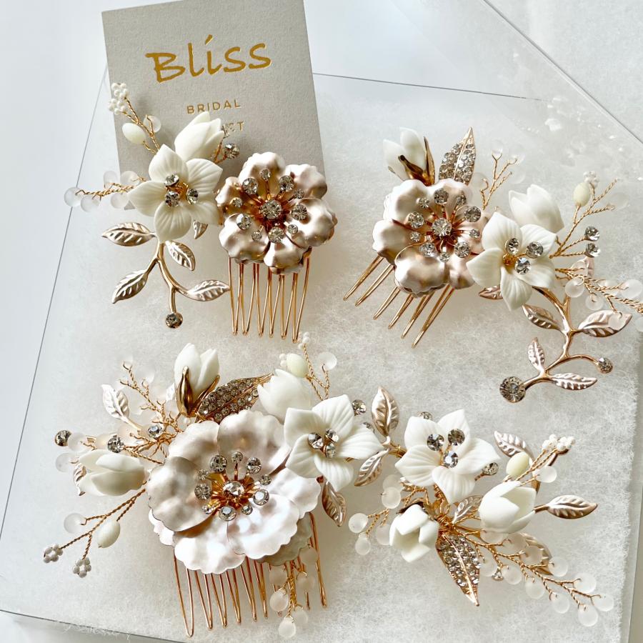 ウェディング アクセサリー【小枝 ゴールド & ホワイト フラワー 3P ヘッドドレス】ブライダル 髪飾り |  | 02