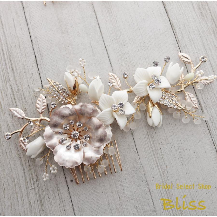 ウェディング アクセサリー【小枝 ゴールド & ホワイト フラワー 3P ヘッドドレス】ブライダル 髪飾り |  | 04