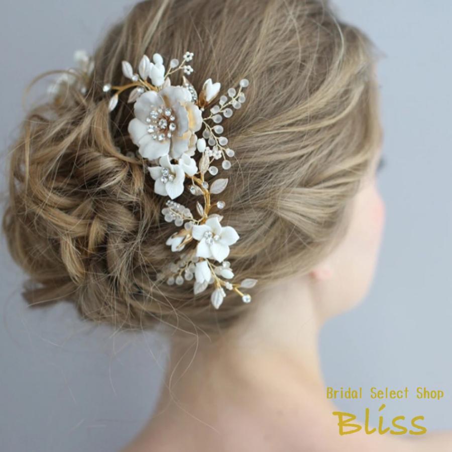 ウェディング アクセサリー【小枝 ゴールド & ホワイト フラワー 3P ヘッドドレス】ブライダル 髪飾り |  | 07