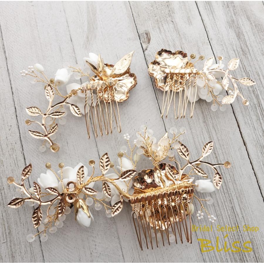 ウェディング アクセサリー【小枝 ゴールド & ホワイト フラワー 3P ヘッドドレス】ブライダル 髪飾り |  | 08