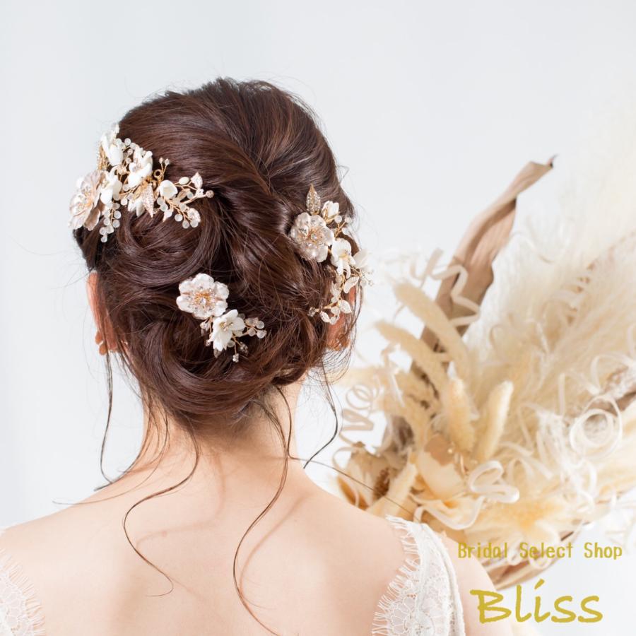 ウェディング アクセサリー【小枝 ゴールド & ホワイト フラワー 3P ヘッドドレス】ブライダル 髪飾り |  | 09