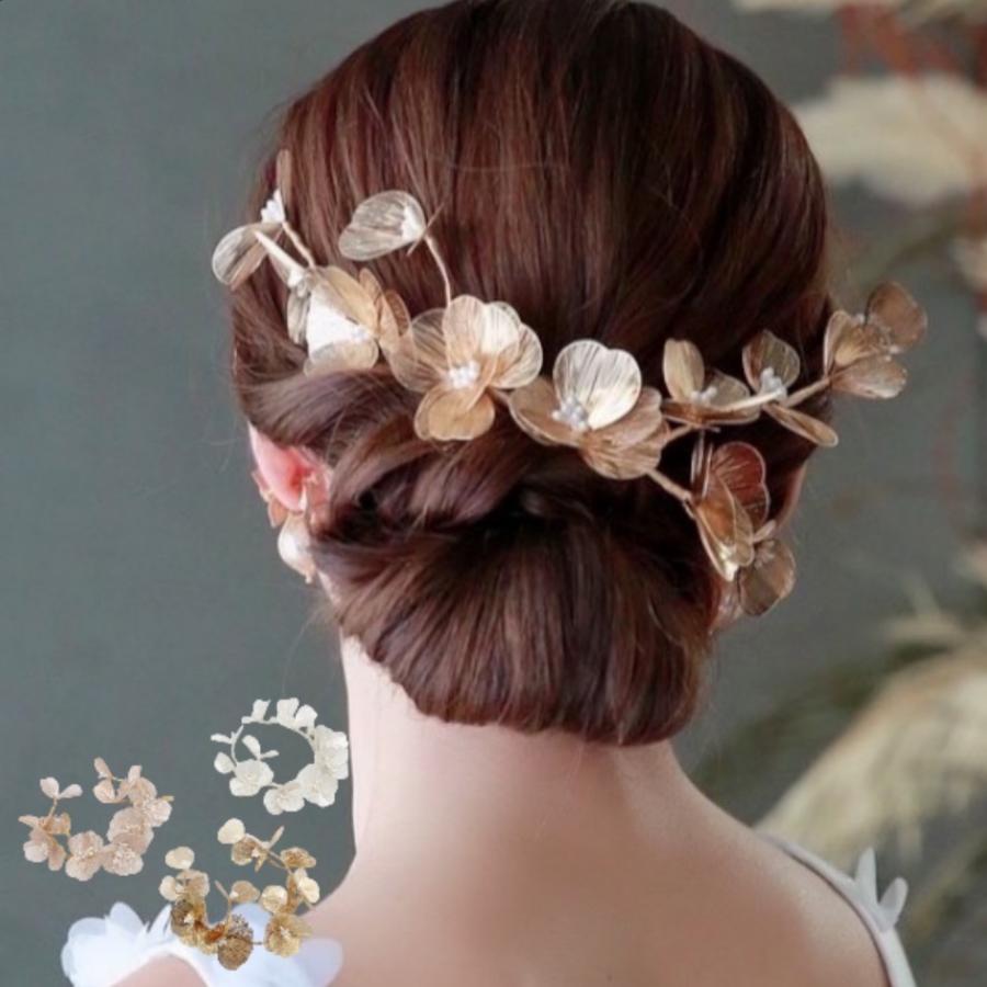 ウェディング アクセサリー【フラワー ペタル ガーランド ヘッドドレス カラー:ゴールド or ピンク or ホワイトより選択】ブライダル 髪飾り | 