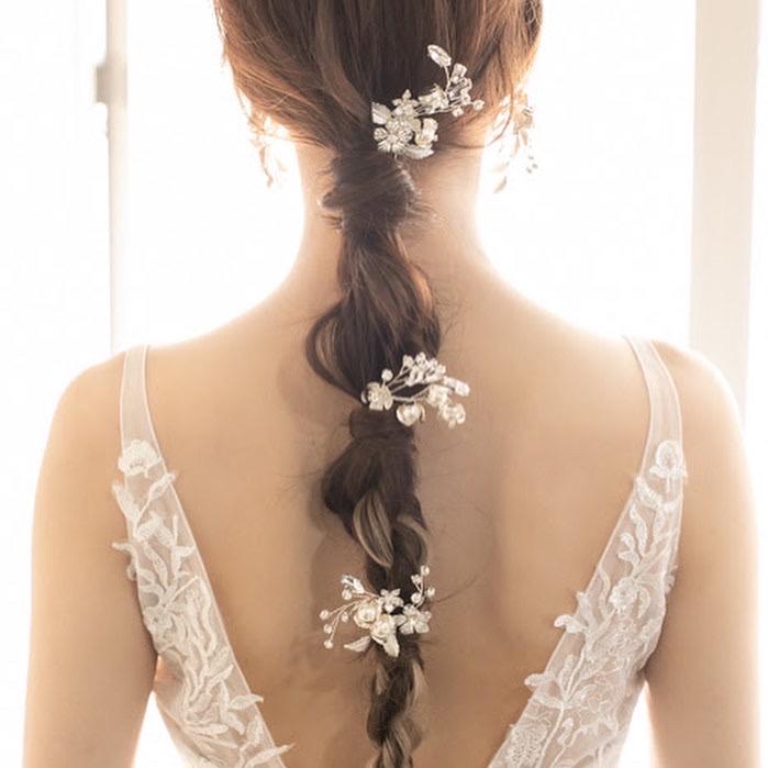 ウェディング ヘッドドレス【小枝 シルバー フラワー＆パール 3P ヘアピン】 | 