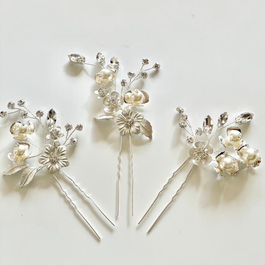 ウェディング ヘッドドレス【小枝 シルバー フラワー＆パール 3P ヘアピン】 |  | 02