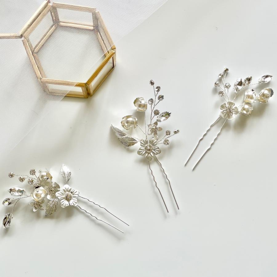 ウェディング ヘッドドレス【小枝 シルバー フラワー＆パール 3P ヘアピン】 |  | 03