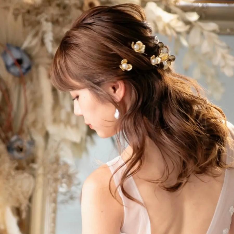 ウェディング ヘッドドレス【ゴールド フラワー パール 5P ヘアピン 】 | 