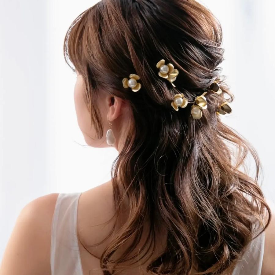 ウェディング ヘッドドレス【ゴールド フラワー パール 5P ヘアピン 】 |  | 01