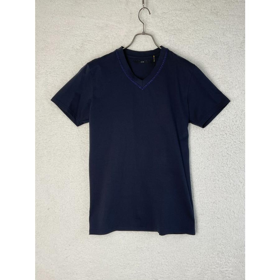 AKM L ネイビー COTTON TENJIKU S/S HAND STITCH V-NECK ハンド  