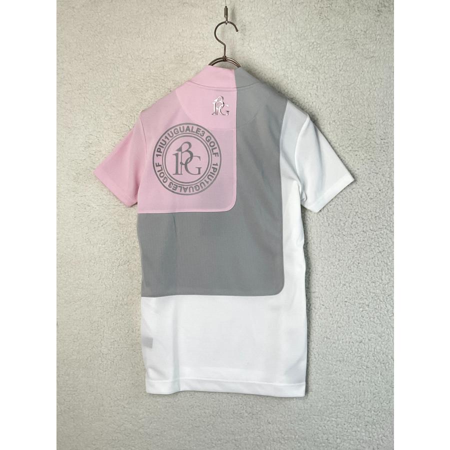 戸賀敬城 別注✦1PIU1UGUALE3 GOLF ロゴ モックネック半袖シャツ 1PIU1UGUALE3 GOLF 3 ピンク×ライトグレー×ホワイト 戸賀敬城