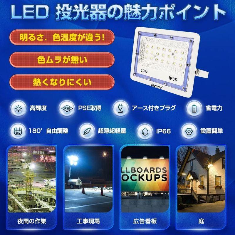 照明器具　投光器　LED投光器　アース付きプラグ　2400LM　led作業灯　30w　均一　昼光色　6500K　1.5mコード　300w相当　IP66