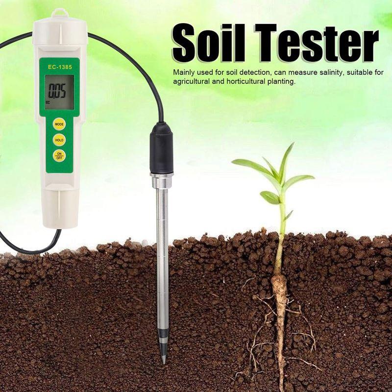 土壌測定器　土壌酸度計　土壌テスター　塩分メーター　cm　in　CF：　EC：0.00-4.00mS　CFテスター　TDS　EC