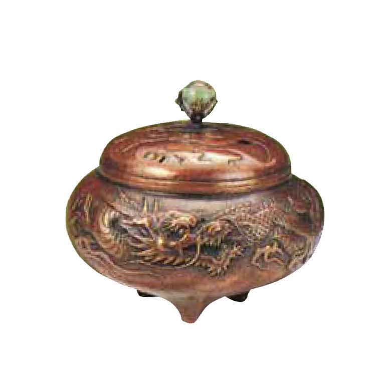 高岡銅器(織田幸銅器香炉平丸型菊水銀象嵌入)