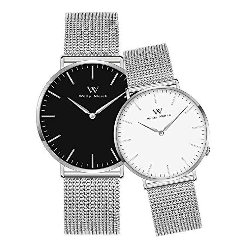 新品入荷 黒 生活防水 スイスブランド ペア 腕時計 Wellymerck 36mm 42mm シルバー バンド ナイロン メッシュ 2本セット 腕時計 Garces Org