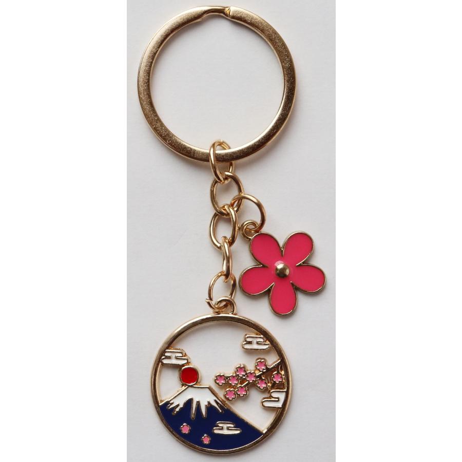 キーホルダー 富士山と桜の花びら 合金製 和風キーチェーン