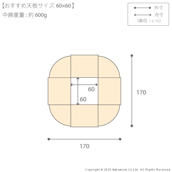 こたつ布団 省スペース はっ水リバーシブル省スペースこたつ布団 〔モルフ〕 60x60cmこたつ用（170x170cm） 正方形｜sunbridge-webshop｜03