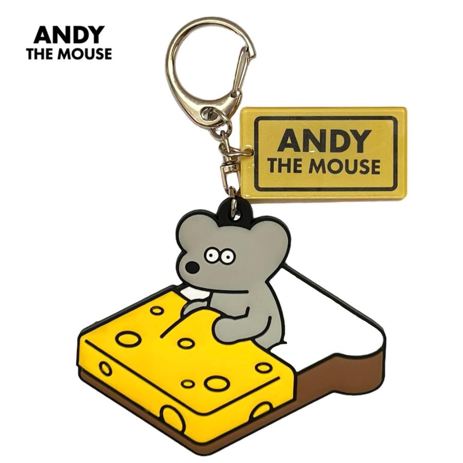 ANDY プレート付きラバーキーホルダーイエロー ブラック チーズ ねずみ