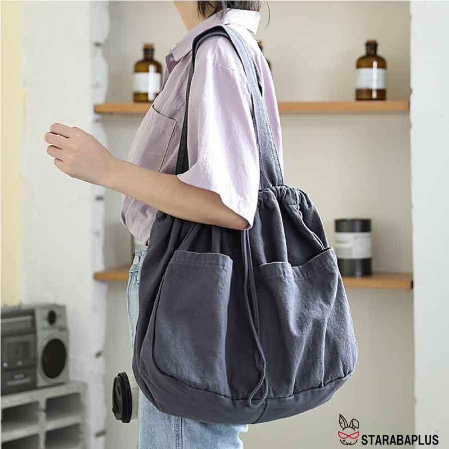 キャンバストートバッグ 大容量 シンプル 可愛い おしゃれ こなれ感 くすみカラー 外ポケット くたびれ 軽量 やわらかい 送料無料 |  | 02