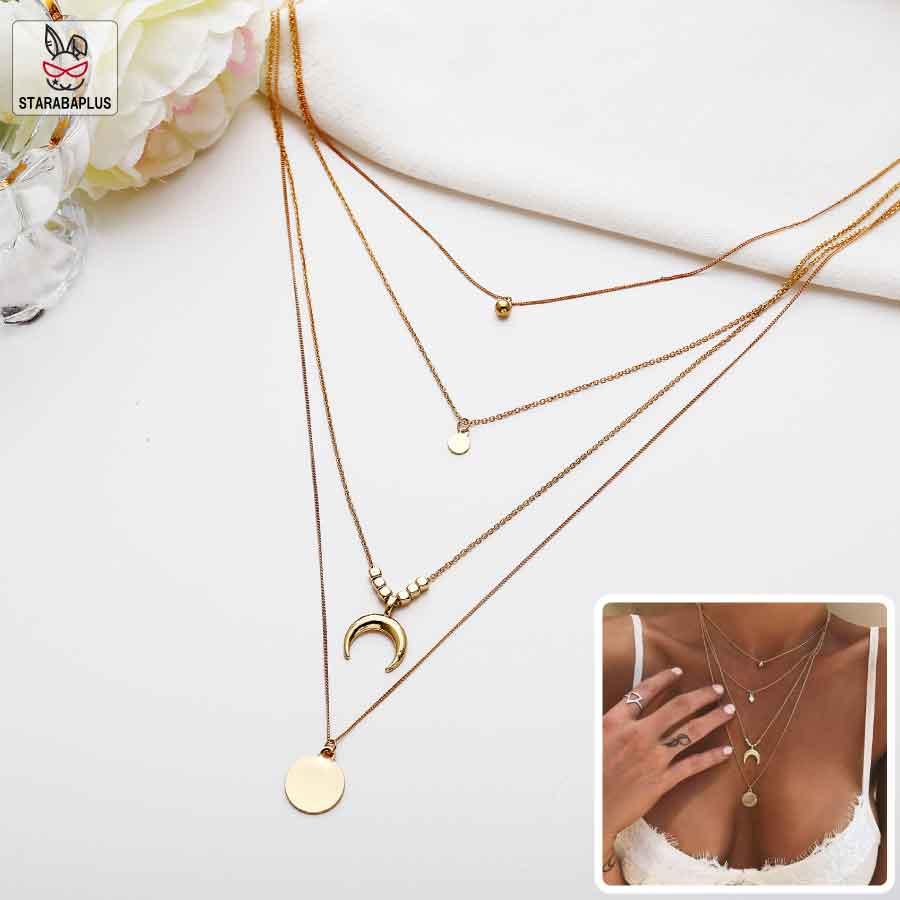 重ね付け4連ネックレス レディース アクセサリー セット 可愛い 上品 コイン 月モチーフ 調整可能 プレゼント ギフト | 