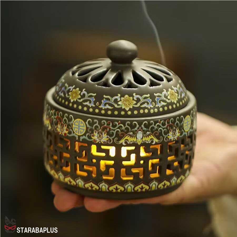 お香炉 アジアン ホルダー おしゃれ ホルダー LED ライト 乾電池式 香炉 陶器 夜間照明 内蔵難燃綿 インテリア 送料無料 |  | 05