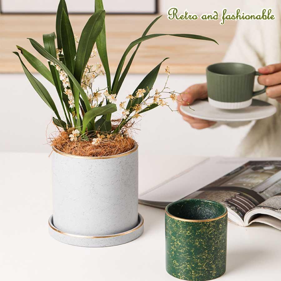 植木鉢 陶器鉢 おしゃれ 鉢植え 11cm ゴールド 円筒形 室内鉢 プランター 受け皿付き 穴あり 観葉植物鉢 蘭 多肉植物 送料無料 |  | 07