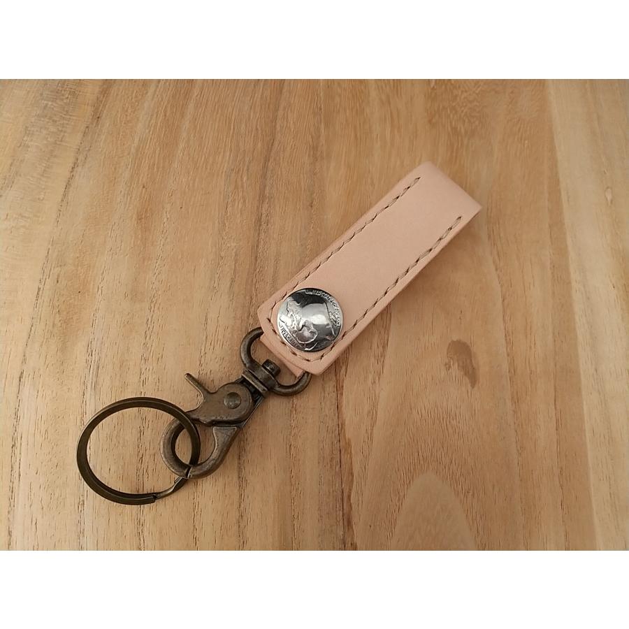 レザーキーホルダー 5セントコイン コンチョ インディアン バッファロー 姫路レザー ヌメ革 本牛革 ナチュラル 生成り ハンドメイド メール便可 クリックポスト | 