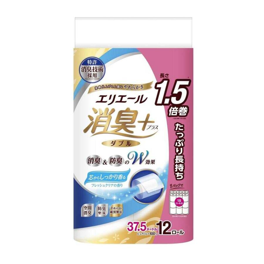 大王製紙 エリエール消臭＋トイレットティシュー芯からしっかり香るフレッシュクリアの香り ダブル 12ロール   【6個セット】（Yahoo!・サンドラッグe-shop）