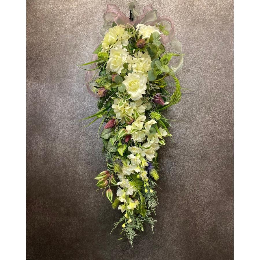 『4年保証』 光触媒　造花　ロングスワッグ　ホワイトグリーン　インテリアフラワー　壁掛け　ローズ　アジサイ