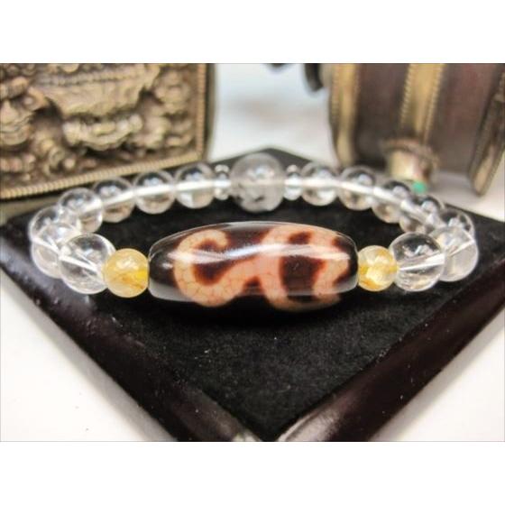 龍紋天珠ブレスレット 一眼水蓮花天珠＋水晶＋ゴールドルチルクォーツ