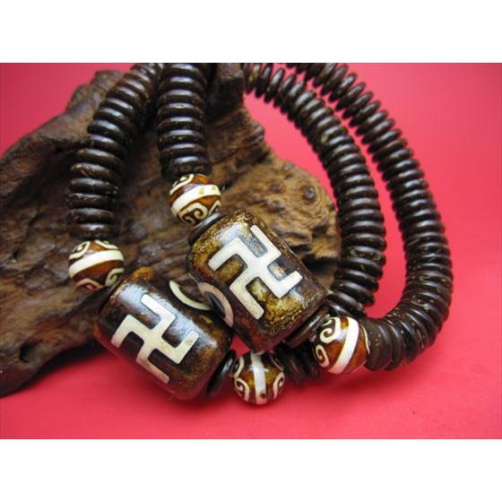 均一ブレスレット 二眼万字天珠+薬師如意天珠 22×17mm+Φ10mm : 天然石