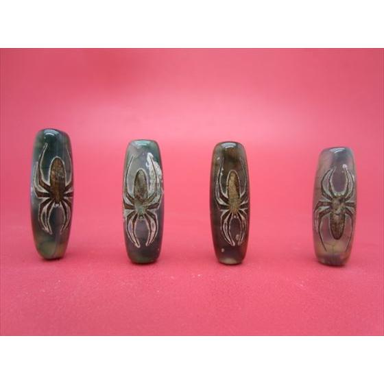 チベット高級龍紋天珠 福寿蜘蛛天珠 グリーン 29×10mm 2粒SET : 天然石