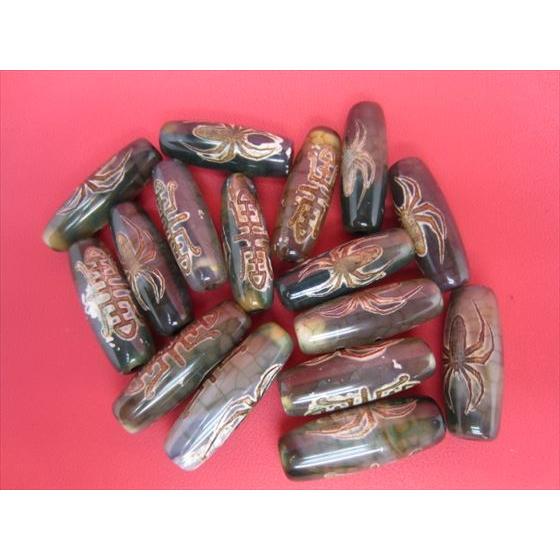 チベット高級龍紋天珠 福寿蜘蛛天珠 グリーン 29×10mm 2粒SET : 天然石