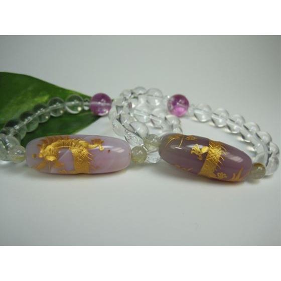 ブレスレット 手彫り龍神天珠＋水晶 ピンク縞メノウ ゴールド : 天然石