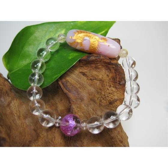 ブレスレット 手彫り龍神天珠＋水晶 ピンク縞メノウ ゴールド : 天然石